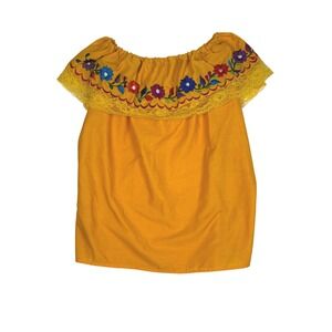 Vintage Yellow Embroidered Off The Shoulder Blouse Floral Lace Trim Women's Top